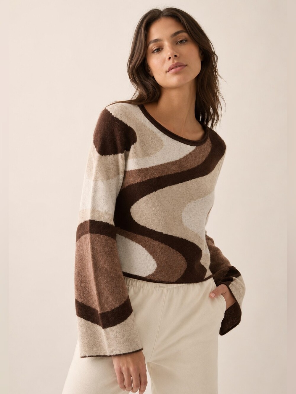 PROMESA RETRO BROWN SWIRL CROP KNIT SWEATER BELL SLEEVE SMALL EUC